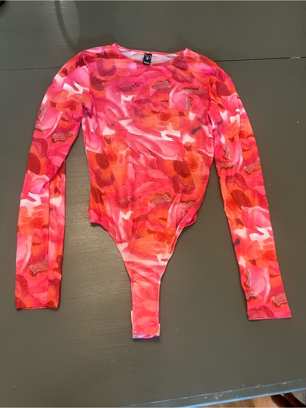 Windsor mesh Long-Sleeve One-Piece Bodysuit in Pink and Red